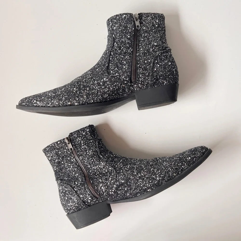 Glitter Chelsea Ankle Boots Sparkly Pointed Toe Rocker Glam Black Silver 9 Women